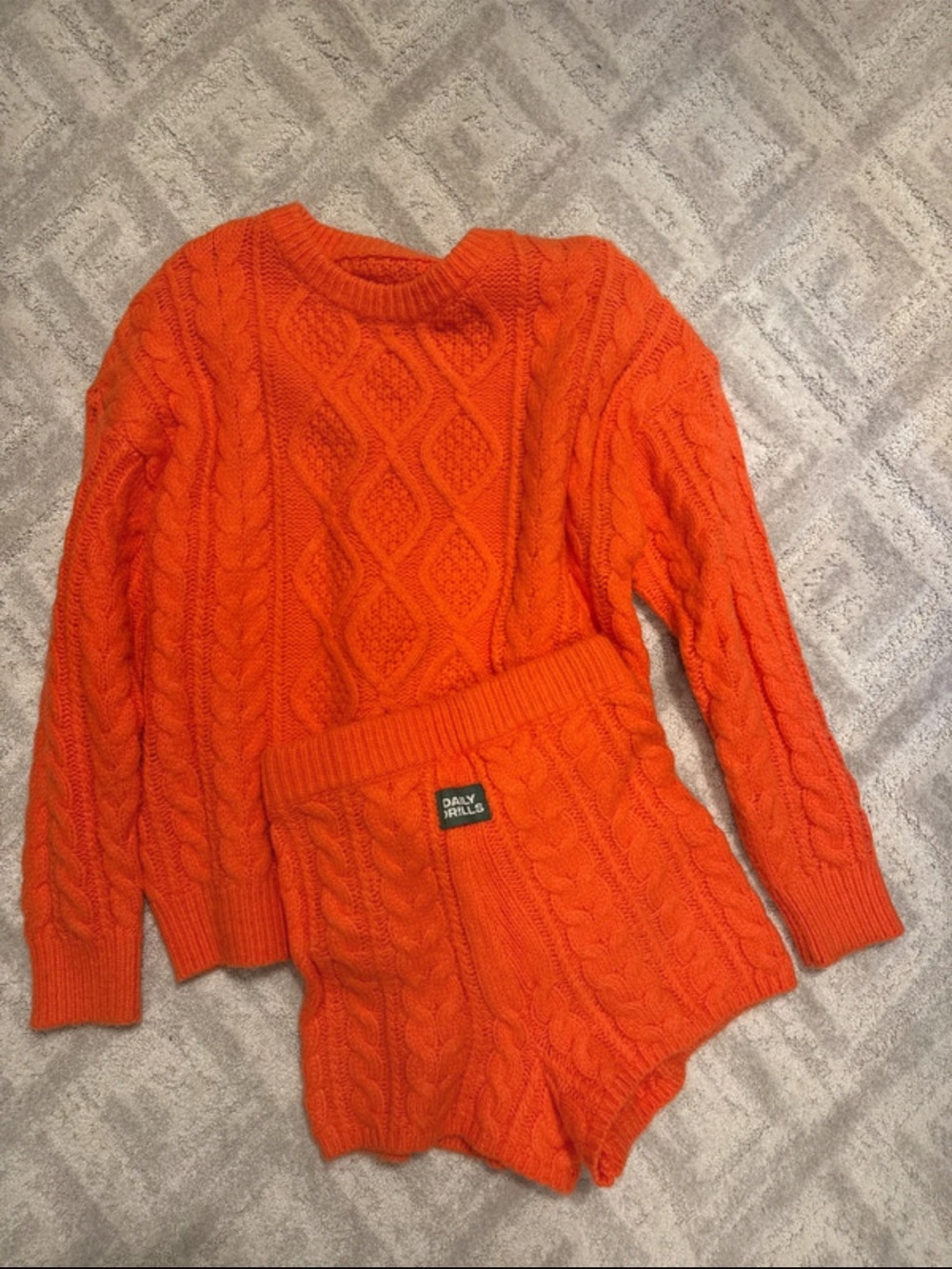 Daily Drills Bright Orange Cable Knit Crewneck Sweater & Shorts Set